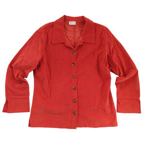 Habitat Orange Mini Corduroy Button Down Top Size M Collared 3/4 Sleeve Cotton